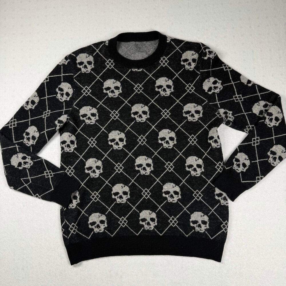 Women’s Skull Wool Cashmere Sweater Medium Black White Gothic Crewneck